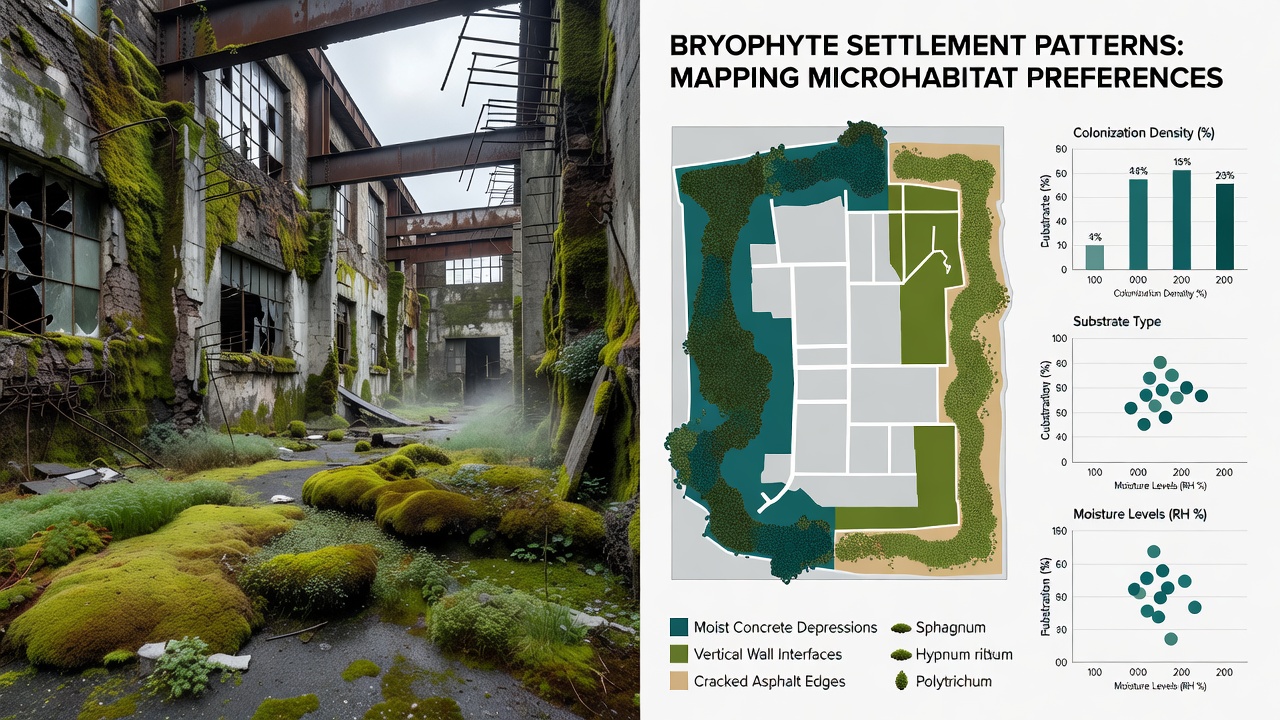 Close-up of moss colonies growing on rusted steel girders and adjacent concrete footing in an industrial ruin